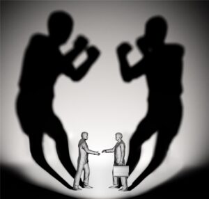 Two large boxer shadows behind two people shaking hands