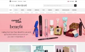FeelUnique beauty store website with pink promotional banner