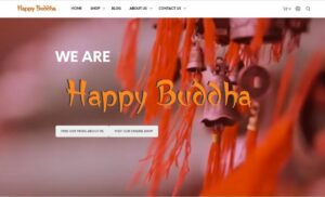Happy Buddha website hero banner with orange flame background