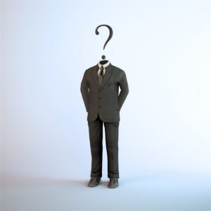Headless man in a suit with a question mark above his neck