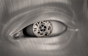 Surreal human eye with clockwork gears inside the iris