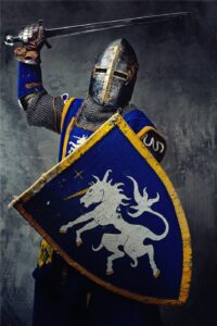 Knight with a lion shield raising a sword