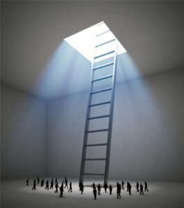 Ladder rising to a shaft of light above a small crowd