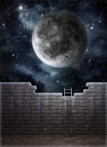 Full moon above a brick wall in a starry night sky