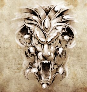 Ornate lion head tattoo style sketch