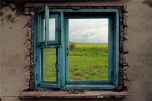 Teal window frame opening onto a green field