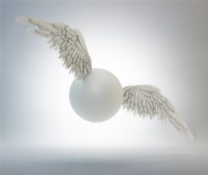 White sphere with feathered wings flying