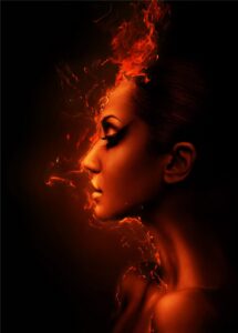 Woman in profile with hair made of fire flames